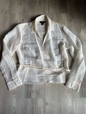 Vintage Ann Taylor Linen Silk Cream Ivory Organza Like Sheer Wrap Top Size 8 / M
